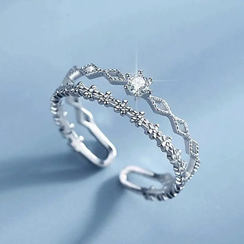 VENTFILLE 925 Sterling Silver Flower Lace Ring Korean Fashion Opening Inlaid CZ Adjustable Rings Valentine's Day Gift