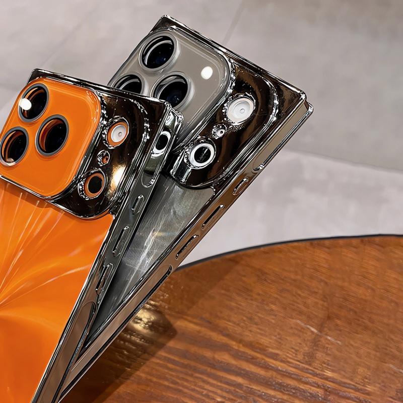 Plating Laser Aurora CD Texture Squares Case For iPhone17 16 15 14 13 Pro Max Plus with Glass Lens Flim Protection Bumper Cover