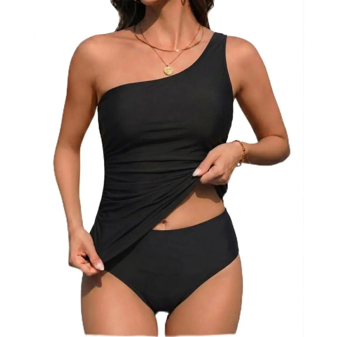 Tempt Me Two Piece Swimsuits for Women Tummy Control Bathing Suit One Shoulder Tankini Top with Bikini Bottoms Modest Swimsuit Ruched Swim Tank Top with Moderate Coverage Bottom
