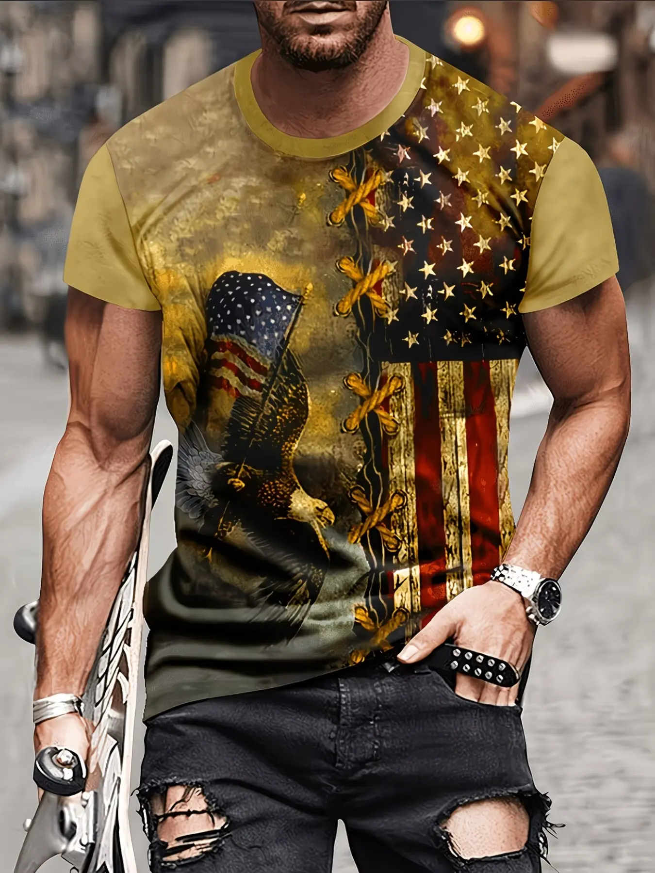Men's Round Neck Eagle Flag Patchwork Print Short Sleeve Top, Casual Slim-Fitting Long Shirt, All Seasons Fashion Wear