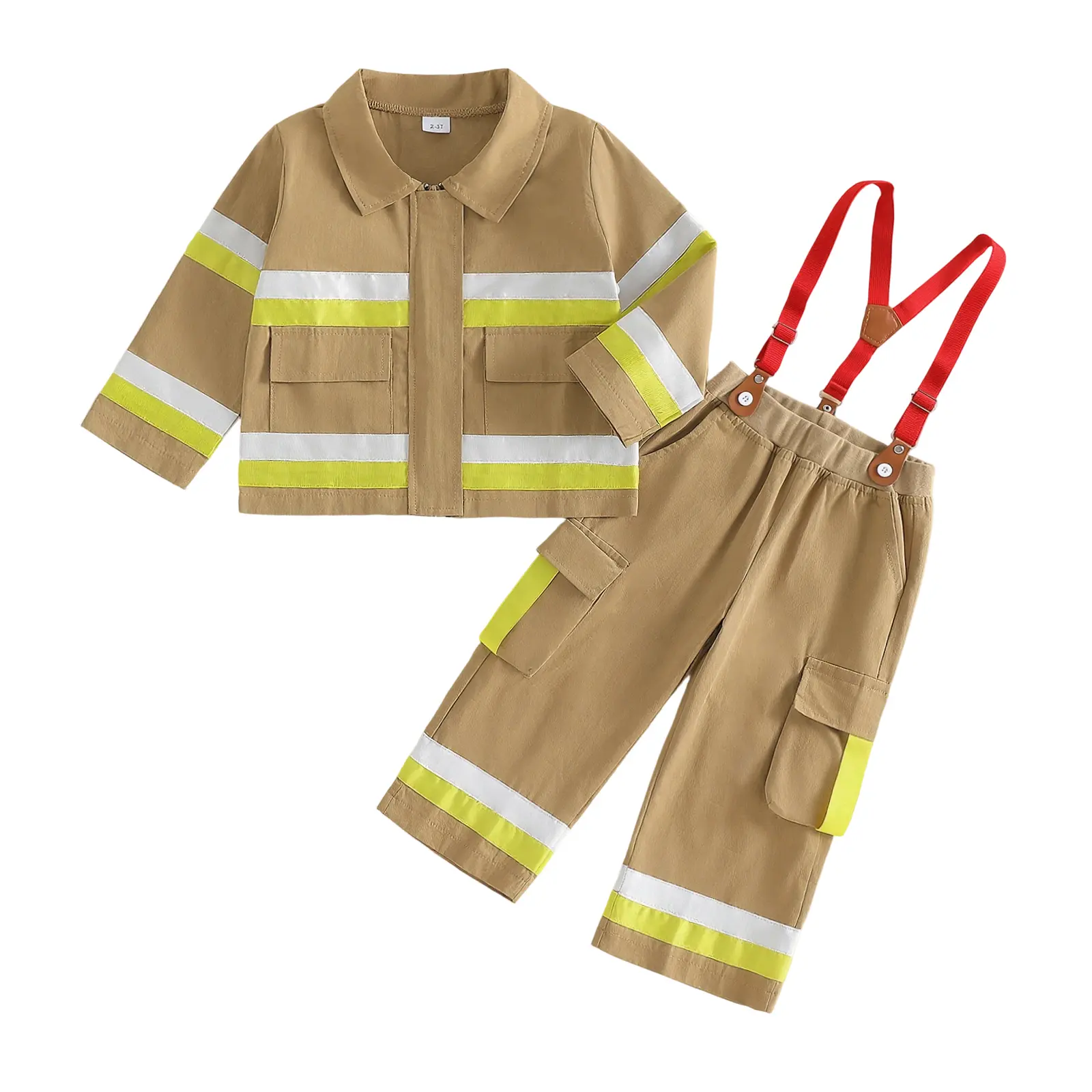 Toddler Baby Boy Firefighter Costume Long Sleeve Jacket Coat Suspender Cargo Pants Overalls Kids Halloween Fireman Outfit Fall Winter Clothes