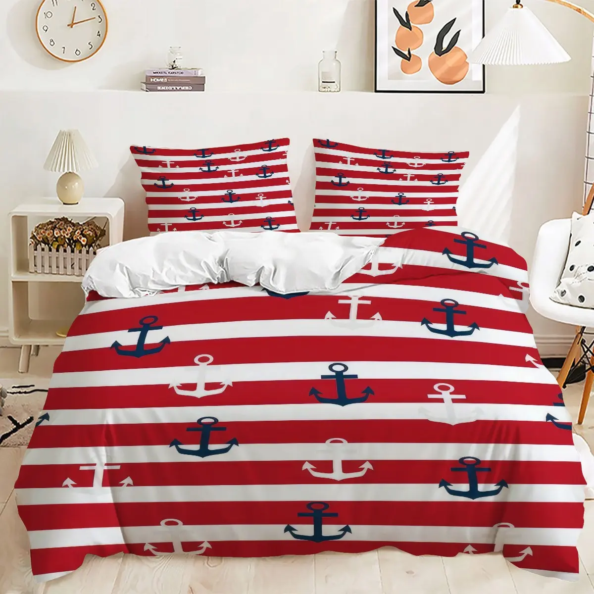 Classic Red Stripe Anchor Coastal Nautical Bedding Set, 2/3pcs No Filling – Pattern Duvet Cover Set, Perfect for Men & Family Bedroom, College Dorm, Beach Coastal Lover Apartment, Minimalist Marine Room Decor