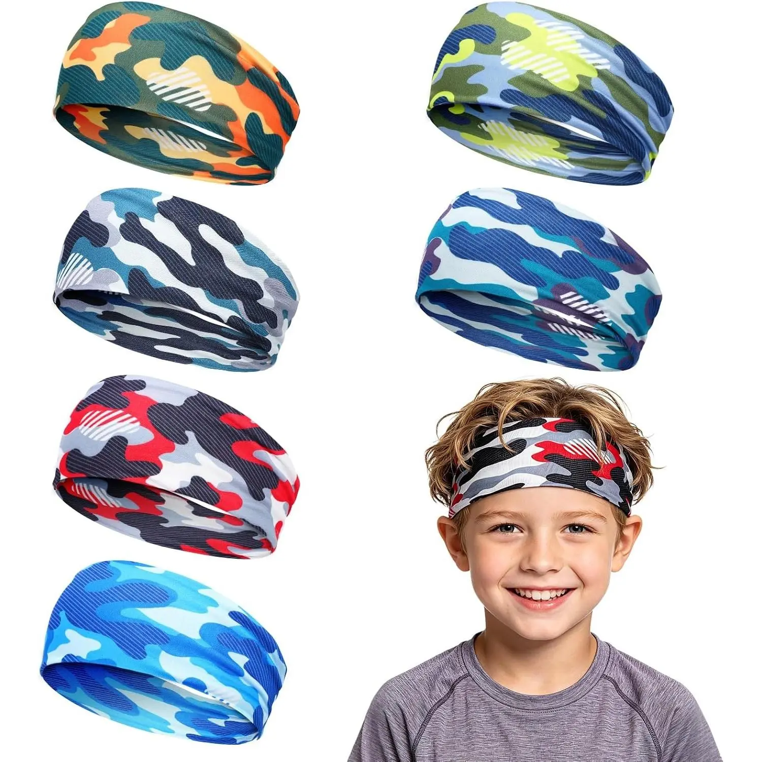 6Pcs Breathable Kids Sweat Bands for Ages 4~10 Boys Girls - Wicking Head Bands, Sports Accessories Gifts for Football Soccer Basketball Baseball Running CyclingGift.