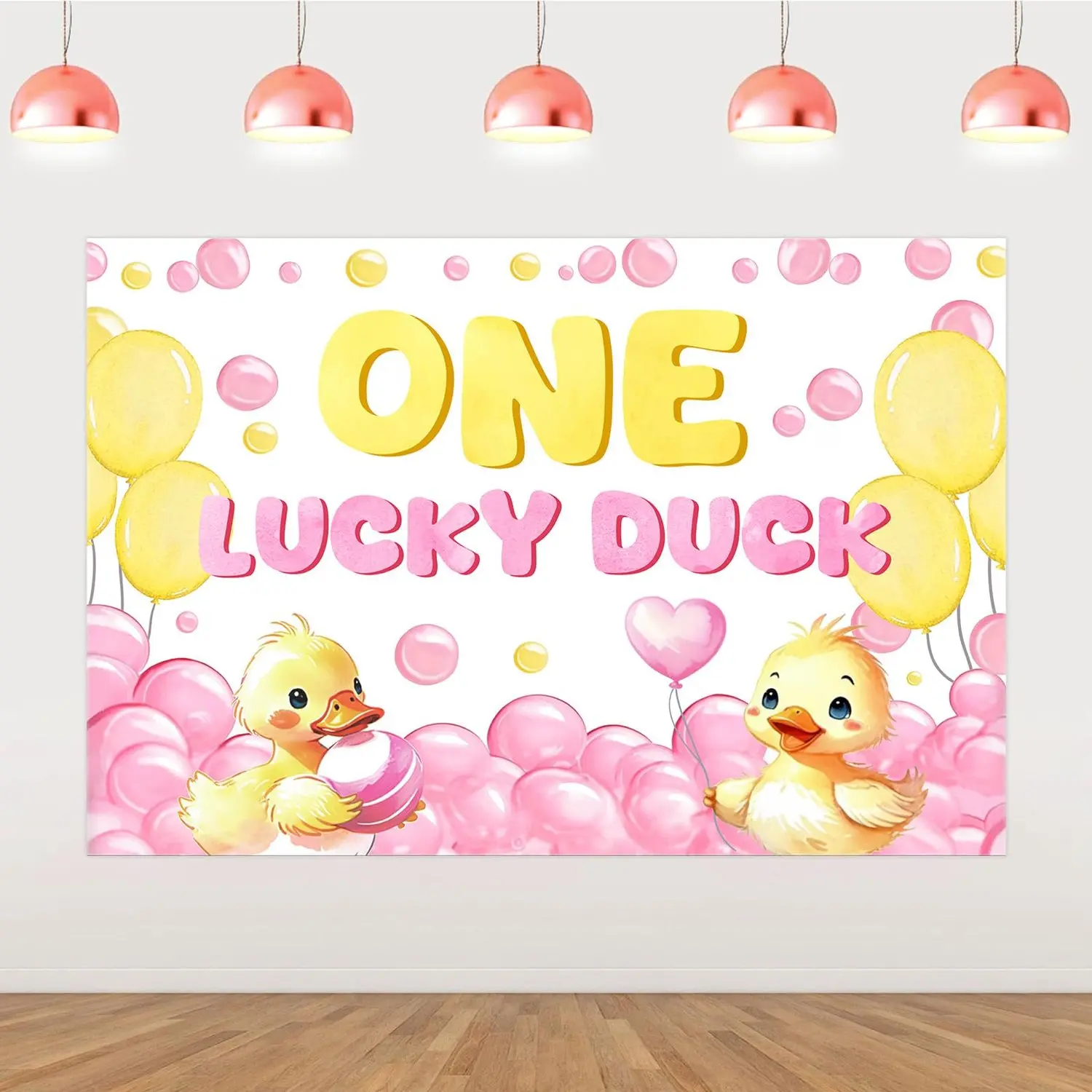 1Set One Lucky Duck Backdrop Duck First Birthday Decorations Pink Bubble Cute Duck Photography Background Farm Animal Birthday Backdrop for Girls 1anniversary Birthday Party Supplies 5x3ft