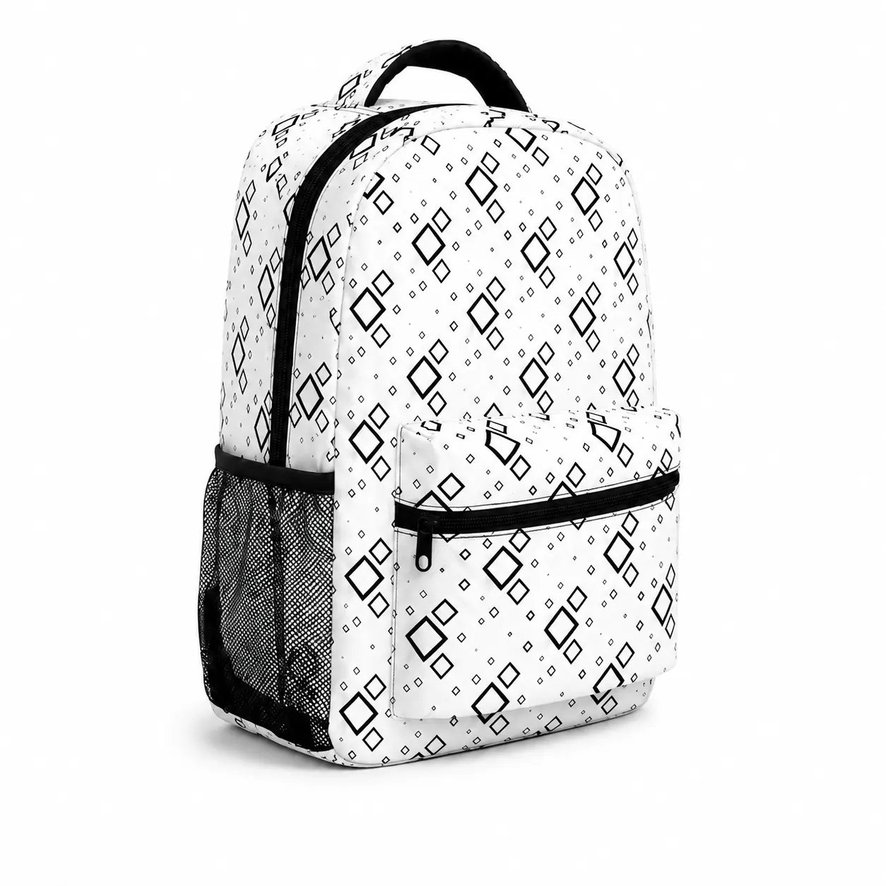 Structured White Diamond Print Backpack for Students, Adjustable Straps, Black Minimalist Pattern, Lightweight School/Travel Bag with Side Mesh Pocket, Front Zipper Pocket & Top Handle, Unisex Casual Daypack, Compact