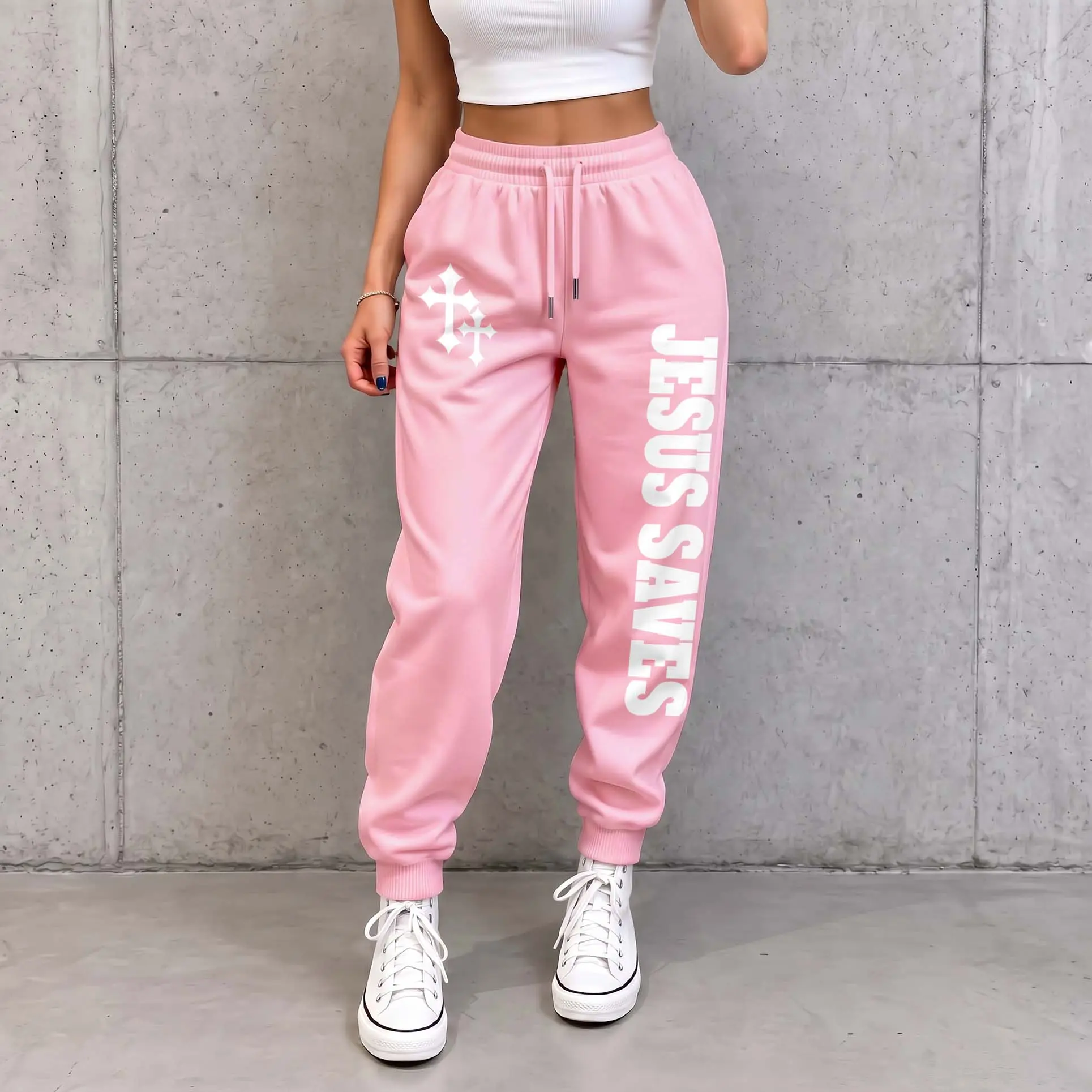 Women’s Jesus Saves Graphic Jogger Pants, Christian Faith Cross Print Sweatpants, Casual Drawstring High Waist Lounge Pants, Comfy Streetwear Bottoms for Women, Daily Wear, Travel & Faith Inspired Gifts