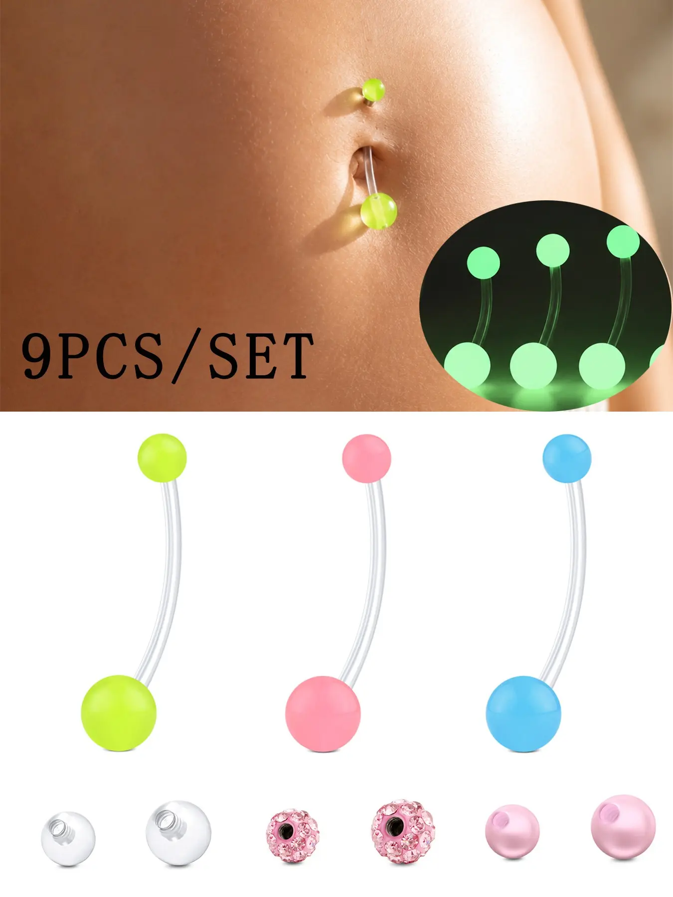 Glow in the Dark Pregnancy Belly Button Rings 14G Maternity Plastic Silicone flexible Clear Curved Belly Button Piercing Jewelry with 14-32mm lengths for Pregnant Women, Plus Replacement Balls