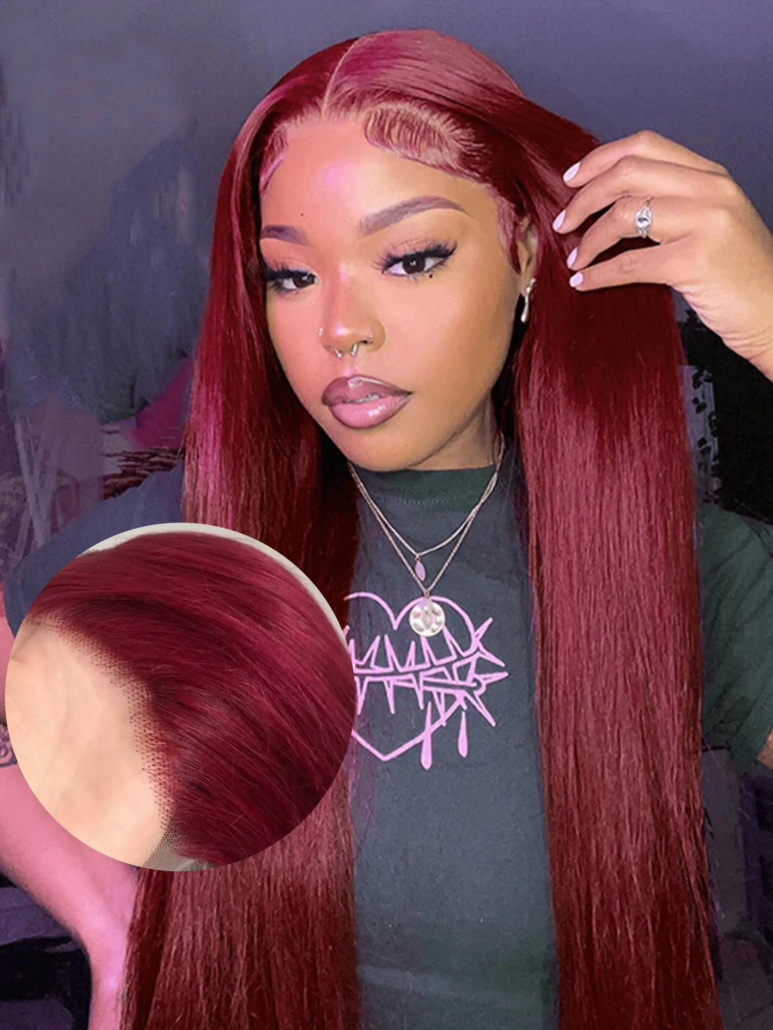26 Inch Wine Red Synthetic Lace Front Wig, Burgundy Straight Hair, Free Part Natural Hairline, Heat Resistant Synthetic Fiber, High Density Soft Front Lace Wig, Daily & Party Event Use, Natural Looking Wig