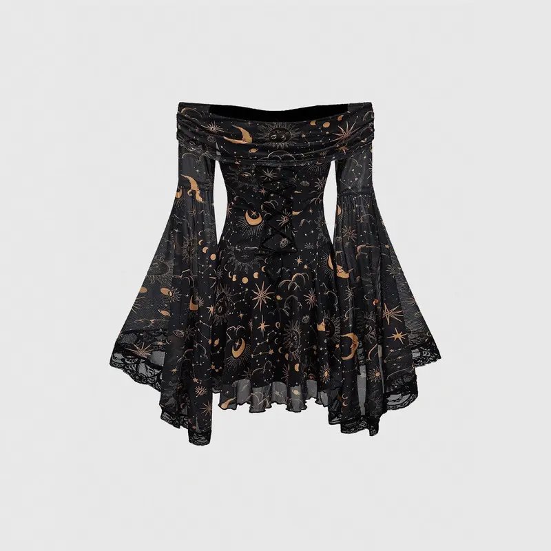 Gothic Moon Star Print A-Line Maxi Dress, Loose Cut Casual Gown with Flare Longsleeves for Women's Daily Wear, All Over Print, Machine Wash, Moon Star Motif, A-Line Shape, Flared Sleeve Dresses, Cupro Fabric
