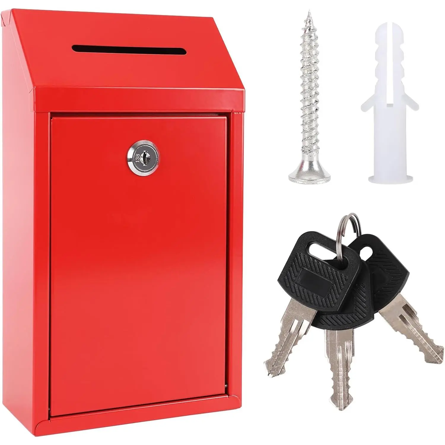 Metal Donation Box with Lock Ballot Box Drop Box with Lock Suggestion Box with Slot and Locks Metal Locks Box Comment Box Voting Box Key Drop Box for  Office(Red,10.24 x 5.71 x 2.95 Inch)