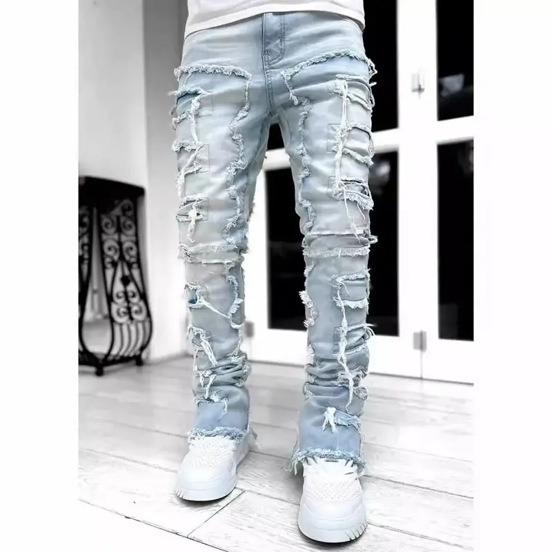 High Street White Men's Stacked Jeans Stretched Patchwork Tassel Damaged Denim Full Length Pants Hip-pop Trousers For Male Streetwear