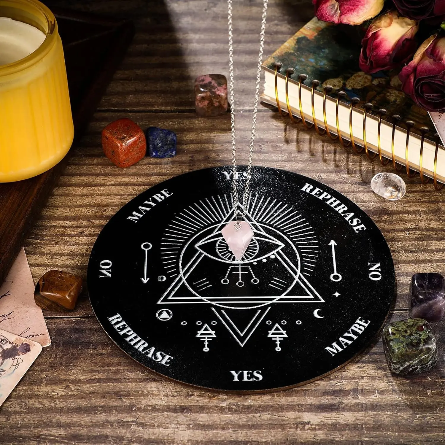 Pendulum Board Set Wooden Dowsing Divination Board Metaphysical Message with Crystal Divinity Pendulum Necklace for Witchcraft Wiccan Wand Altar Supplies Ceremonies(Black board pink pendant)