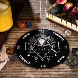 Pendulum Board Set Wooden Dowsing Divination Board Metaphysical Message with Crystal Divinity Pendulum Necklace for Witchcraft Wiccan Wand Altar Supplies(Black board pink pendant)