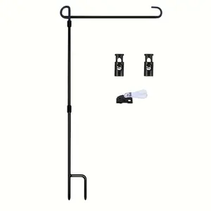 Black Wrought Iron Garden Flag Holder - Durable patio flagpole that can accommodate flags up to 31.75cm wide, including tiger clips and rubber plugs for outdoor decoration, coated flagpole