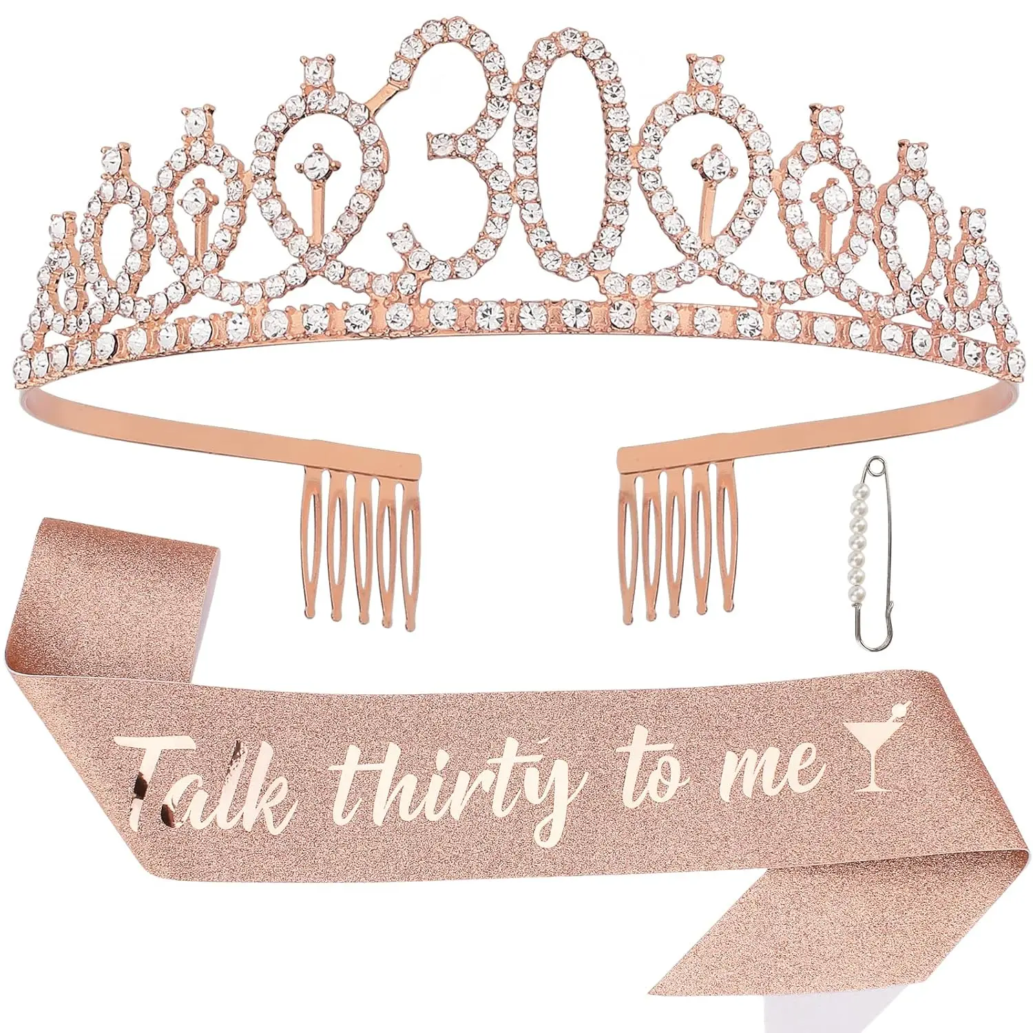 Women's Glittered Rose Gold Alloy Sash & Tiara Set - Hot Pressed, Corrosion-Resistant 30th Birthday Party Accessory, Festive Home Party Decor Gift Kit