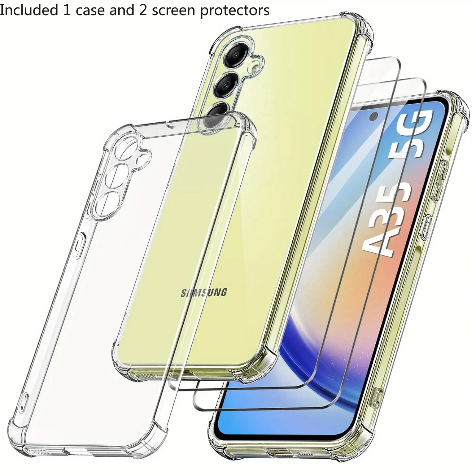 Case for Samsung Galaxy A35 5G, with 2 Pieces Tempered Glass Screen Protector, Clear Phone Case with Reinforced Corners Camera Protection Bumper Slim Fit Shockproof Flexible TPU Case, Transparent