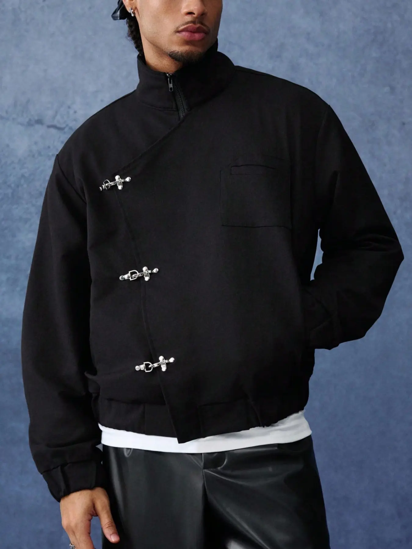 Men's Autumn/Winter Casual Jacket, Long Sleeve – Punk/High-Street Style. Features cropped fit, stand collar, asymmetrical front with metal buckle closure. Suitable for home, work, outdoor, urban settings. Style: Streetwear, casual, minimalist