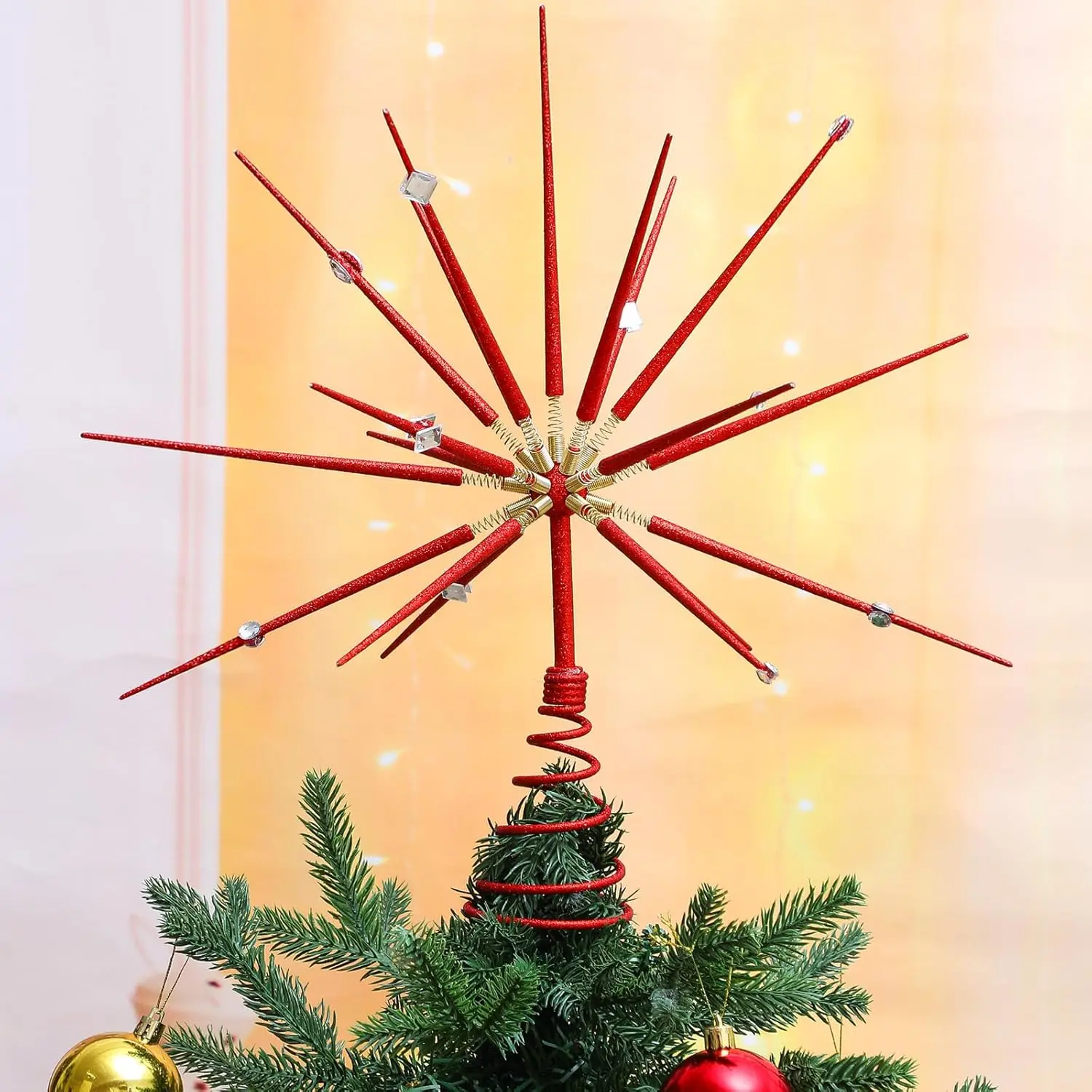Red Christmas Tree Topper 15 Inch Red Starburst Tree Topper Glitter Exploding  Christmas Decoration  Xmas Ornament Holiday Decorative  for Xmas  Decor