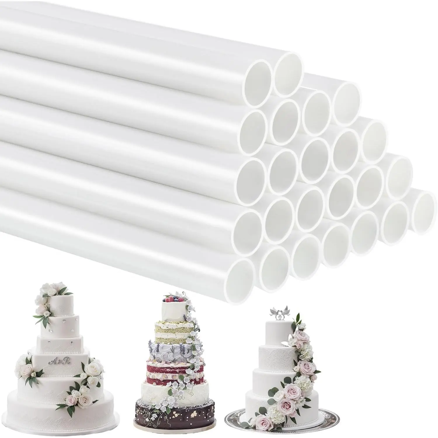 Boao 12 Inch White Plastic Hollow Round Cake Dowels Rods, 24 Pcs Cake Support Straws for Tiered Wedding Cake Stacking and Supporting