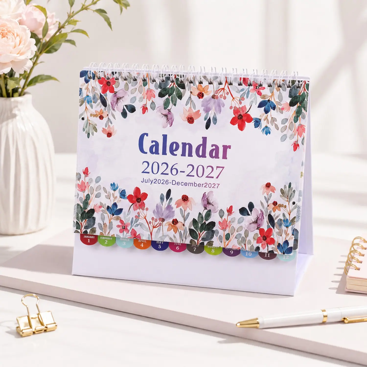 Floral Desk Calendar 2026-2027, 18-Month Flip Planner from July 2026 through December 2027, Twin-Wire Bound Table Calendar with Stable Triangle Stand and Monthly Tabs for Office, Home, Classroom, Work Schedule and Appointment Planning