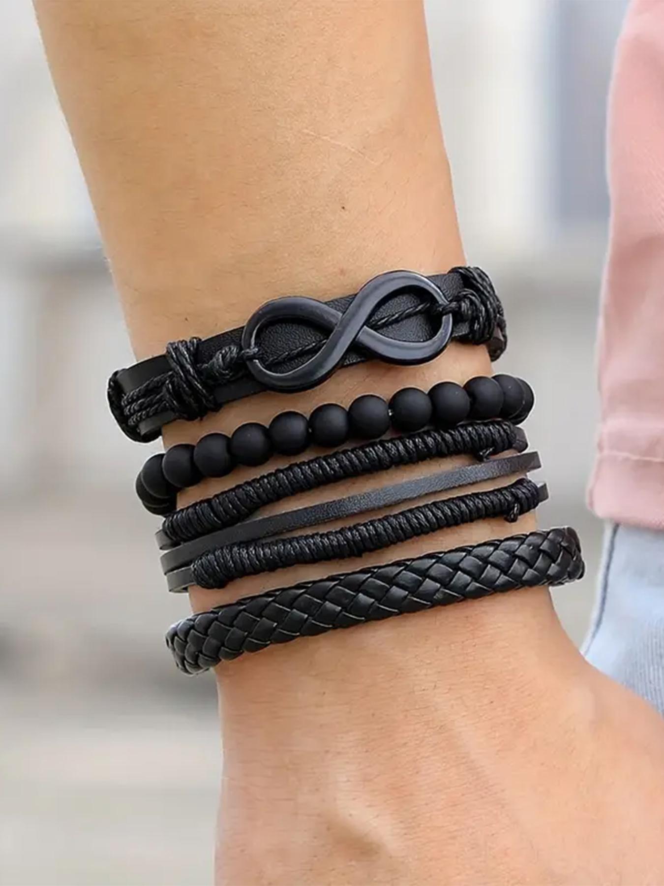 Vintage Braided Rope Leather Bracelet Set, 4 Counts/set Black Boho Beaded Band Bracelet & Link Summer Bracelet, Boho Adjustable Leather Jewelry for Summer Party, Daily, Punk Accessories for Men, Stackable Bracelets, Boho Style Bracelet