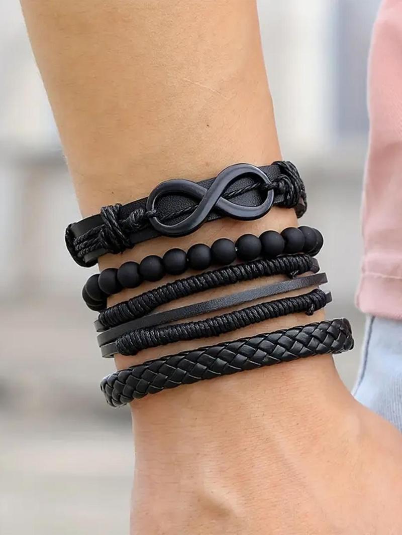 Vintage Braided Rope Leather Bracelet Set, 4 Counts/set Black Boho Beaded Band Bracelet & Link Summer Bracelet, Boho Adjustable Leather Jewelry for Summer Party, Daily, Punk Accessories for Men, Stackable Bracelets, Boho Style Bracelet