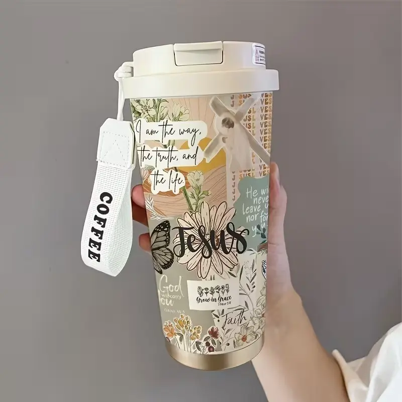 17.92oz Christian Insulated Cup, Jesus Floral Design, Double Wall Travel Mug with Lid, Leak Proof, Stainless Steel, Boho Style, Camouflage Pattern
