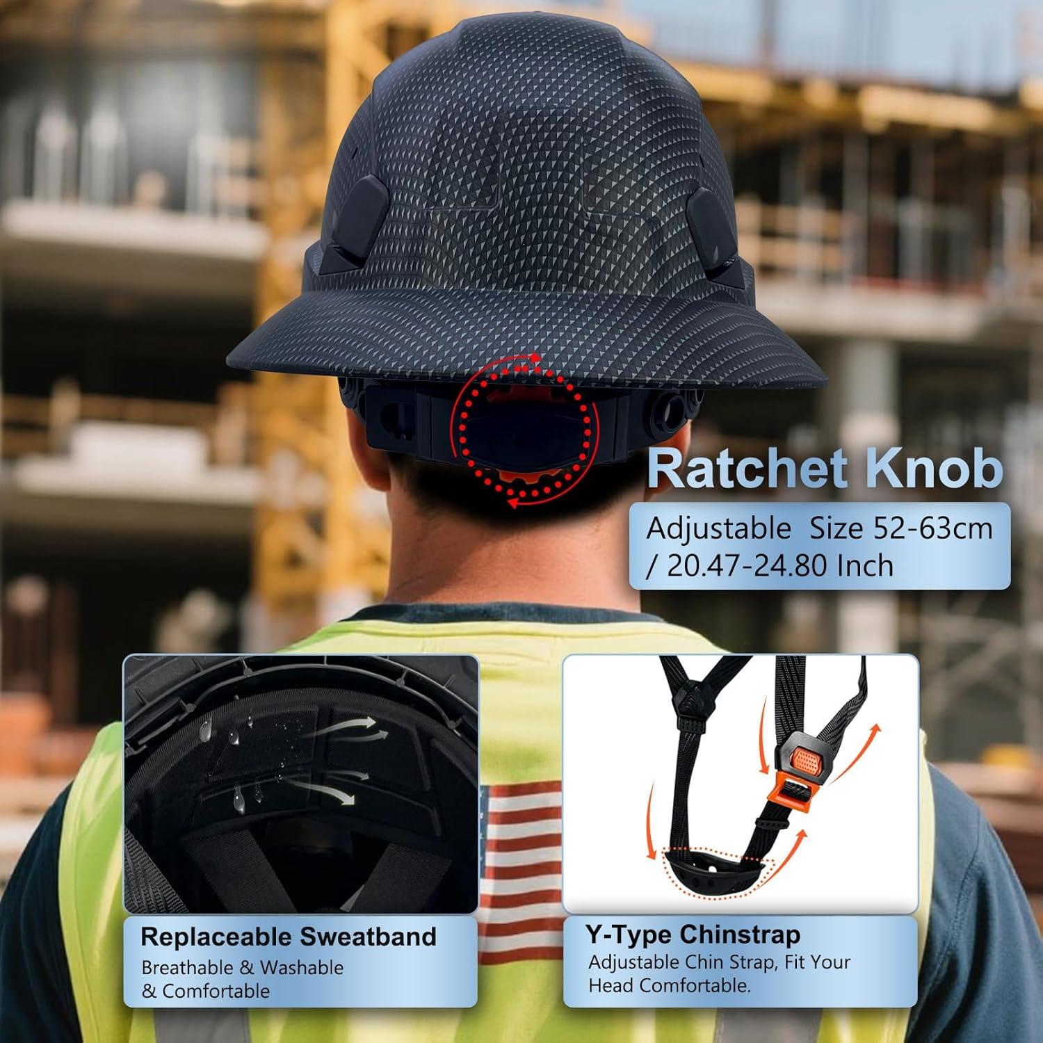 Full Brim Hard Hat Vented Construction Safety Helmet Industrial Work Hardhat for Workers 6 Point Adjustable Ratchet Suspension Breathable Head Protection