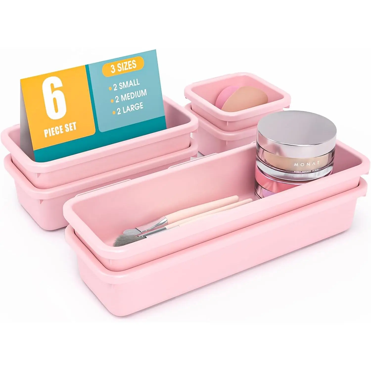 6 count Drawer Organizer Set, 3 Size Makeup Drawer Divider Organizer With Non-Slip Pads, Interlocking Plastic Storage Bins for Office, ,Gadgets, Bathroom,Kitchen,