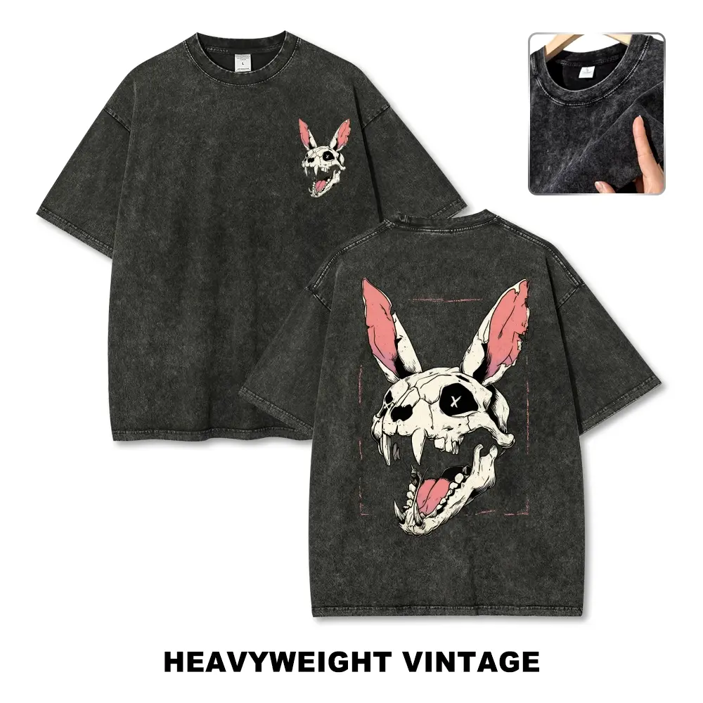 Unisex Goth Skull Bunny Graphic Cotton Fabric T-Shirt - Vintage Acid Wash, Oversized, Creepy Cute, Casual Short-Sleeve Streetwear Top, Shortsleeve