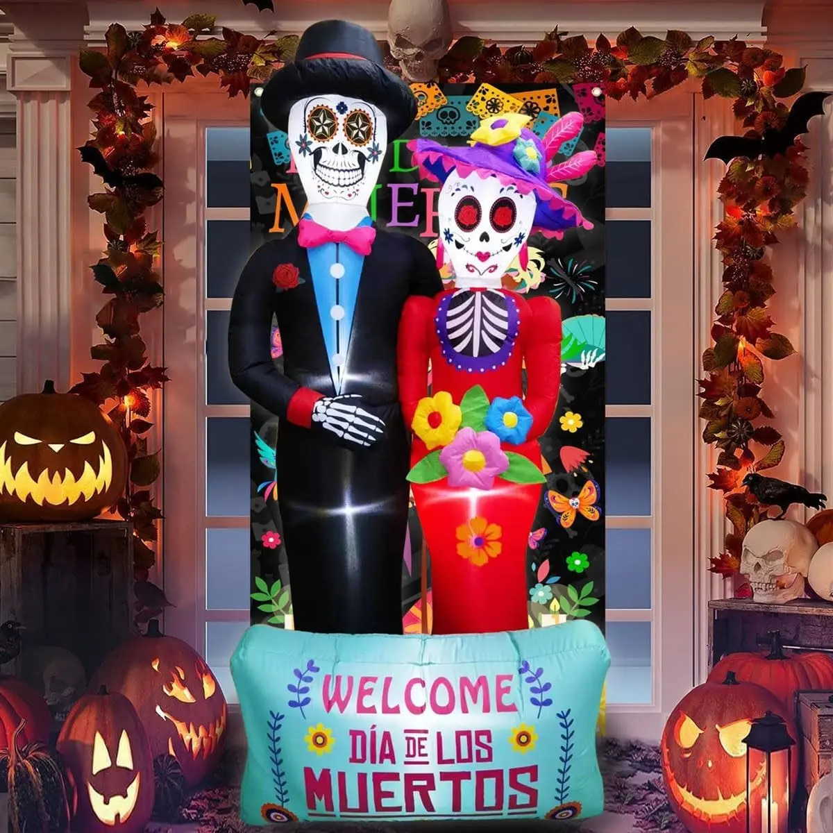 Dia De Los Muertos Decoration, 6 FT Halloween Inflatables Décor Day of The Dead Spooky Sugar Skull Couple, Blow Up Yard Decorations with Built in LED for Outdoor Garden, Lawn