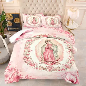 Pastel Pink Guadalupe Virgin Comforter Set, Watercolor Floral Virgen Maria Bedding with 1 Comforter + 1/2 Pillowcases, Soft Breathable Durable Microfiber, Elegant Religious Art Bedroom Decor