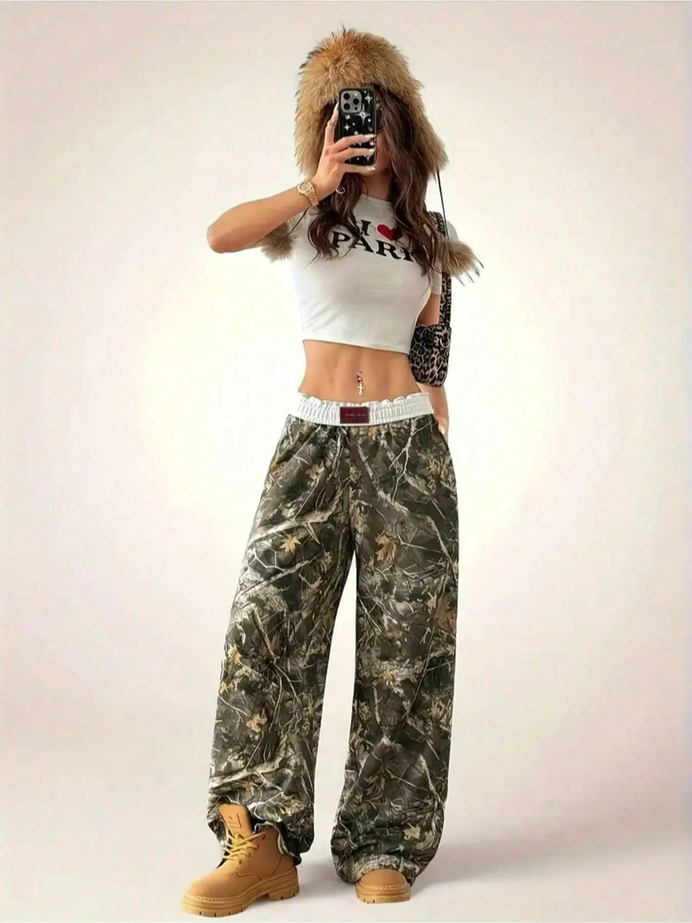 Women's Realtree Camo Jogger Pants, Y2K Streetwear, Wide Leg, Elastic Waist, Casual Style, Soft Twill Fabric, All Seasons