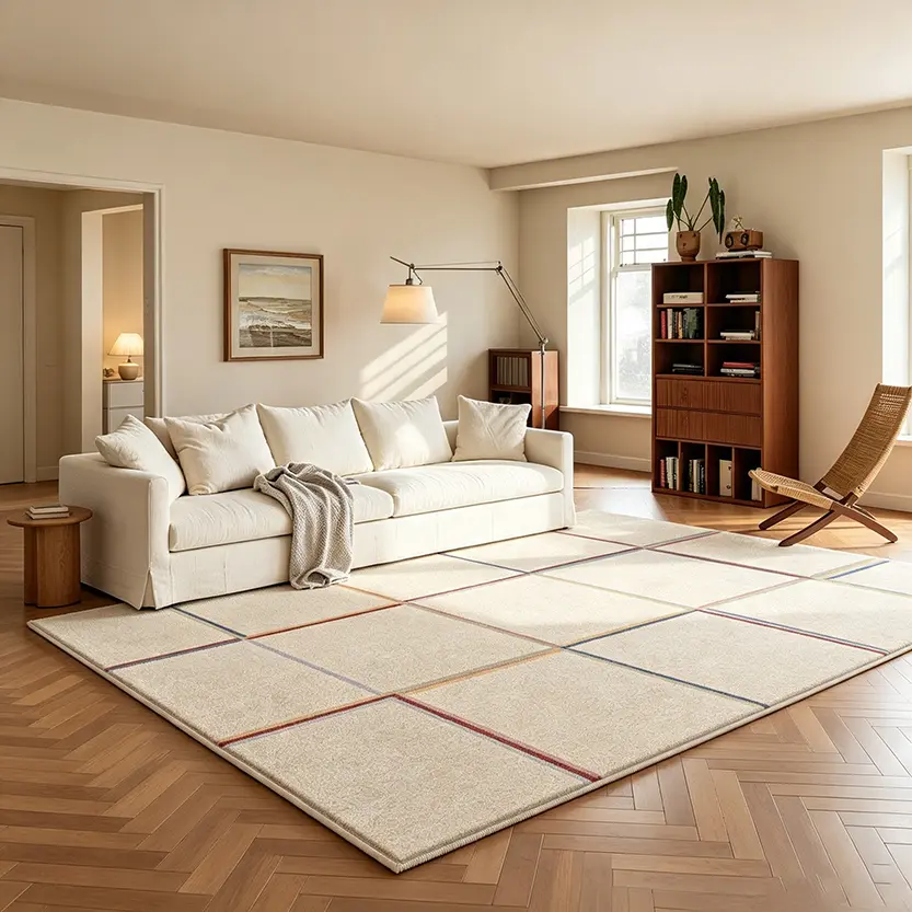 100x160cm/3.28'-5.25' Minimalist Geometric Grid Line Soft Velvet Single Rug, Modern Square Checkered Non-Slip Indoor Floor Mat for Living Room Bedroom, Multiple Neutral Colors, Grid Lines