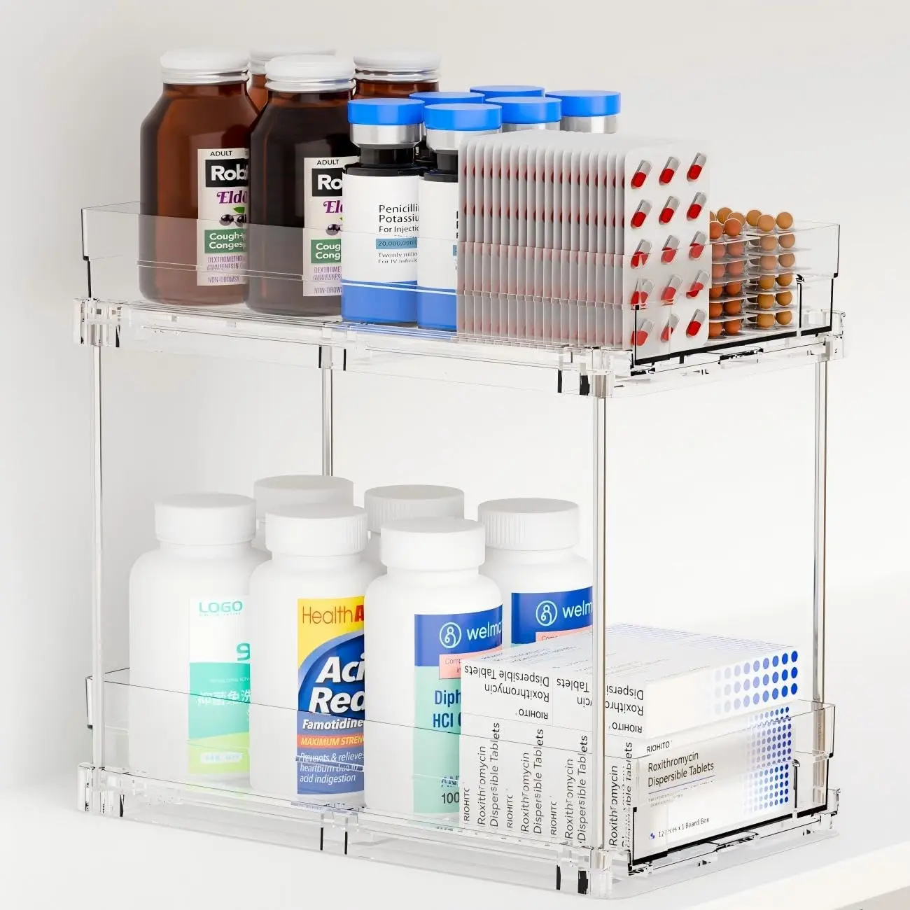 2 Tier Pull Out Cabinet Organizer and  Cabinet Storage for Supplement,Vitamin,Medication and  Bottle,10.4" Deep Pantry Organizers Drawer,Under Sink Organizer for Bathroom,Cupboard