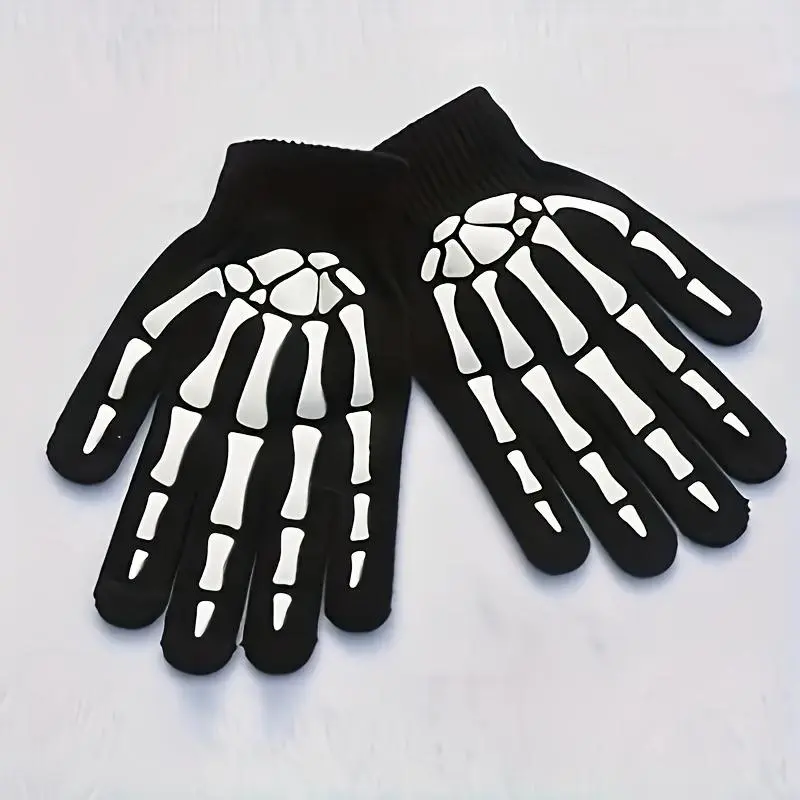 1pair Halloween Skull Head Touch Screen Print Fluorescent Luminous Gloves For Outdoor Cycling And Warm Knit Gloves, Ideal choice for Gifts