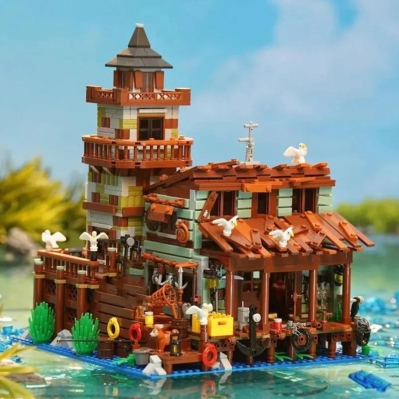 1881PCS Unisex Coastal Theme Fishing Village Cabin Building Blocks Set, Coastal Fisherman's Hut Tower, Ocean Dock Scene Figures Toy Gift For Kids