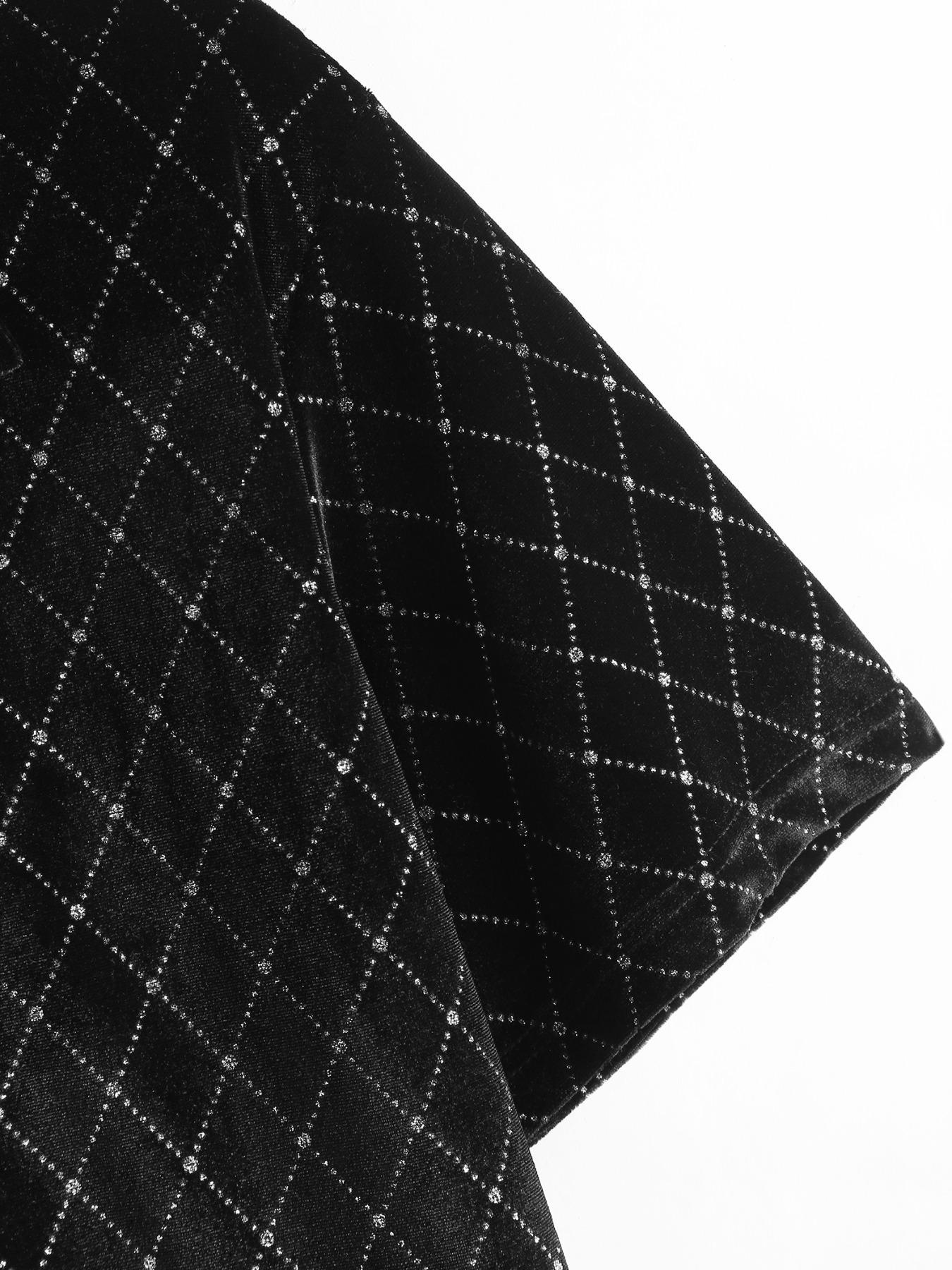 ZAFUL Men Argyle Pattern Quarter Zip Velvet Polo Shirt, For Husband Men's Velvet Printed Sparkly 1/4 Zipper Short Sleeve Collared Shirt Going Out Tops