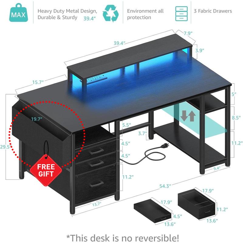 Lufeiya Gaming Desks with Led Lights and Power Outlets, 55 Inch Computer Desk with File Drawers Cabinet, Home Office Desk with Shelves Monitor Stand, Black, Get Free Gift