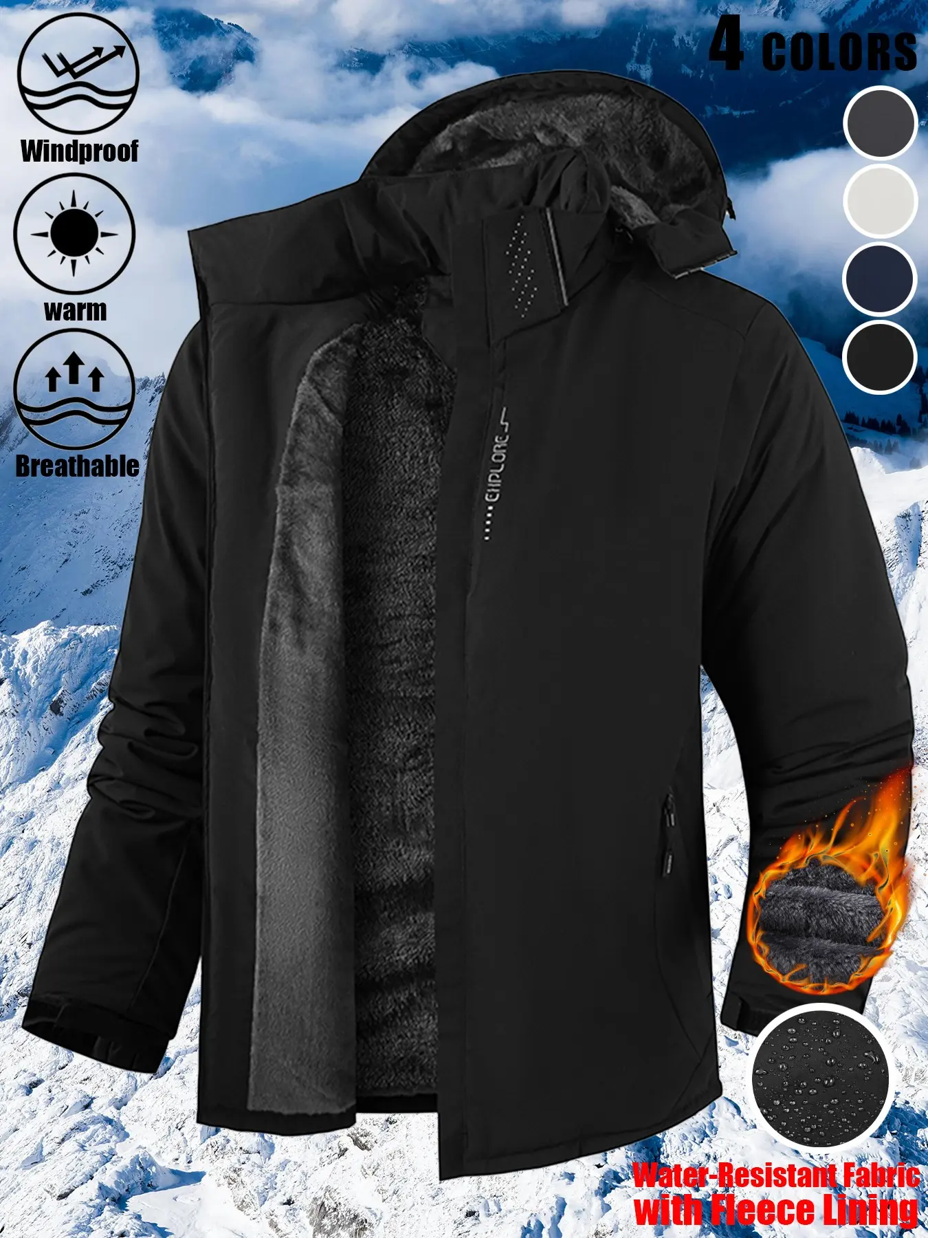 1 Pack Men's Casual Hooded Fleece-Lined Softshell Jacket Waterproof Windproof Warm Breathable Stand Collar Full Zip Reflective Stripe Chest Zip Pocket Side Pockets Adjustable Cuffs Outdoor Coat 4 Colors Daily Commute Hiking Camping Sports Layering