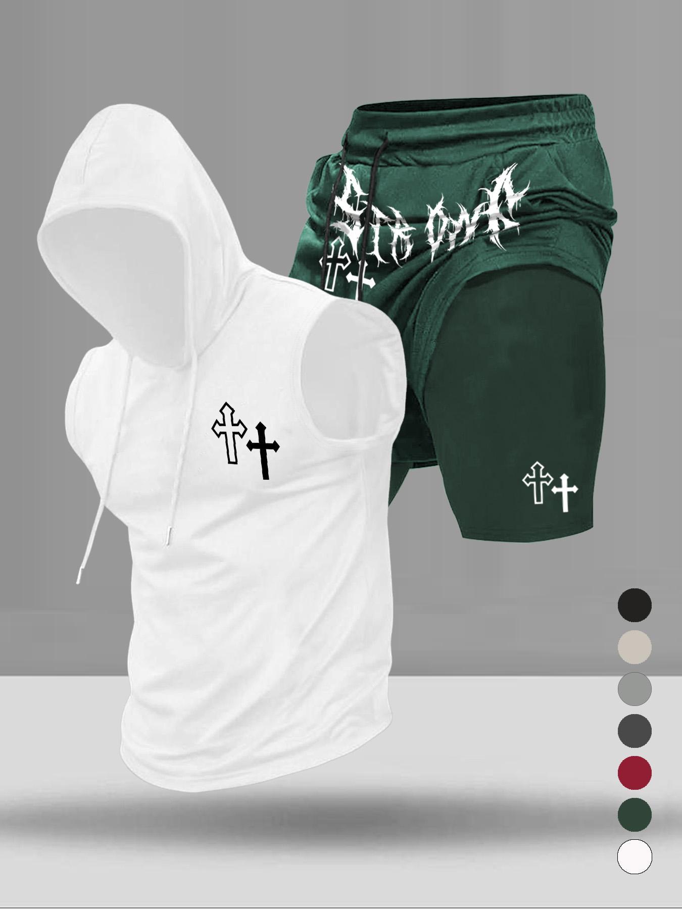 Men's Graphic Print Two-Piece Set, Stylish Hooded Sleeveless Vest and Drawstring Pocket Shorts, Summer Casual Wear for Sports and Daily Use