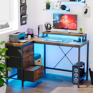 L Shaped Desk with Power Outlets & LED Lights, Computer Desk with Drawers and Shelves, Corner Gaming Desk for Home Office