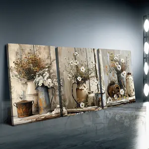 3-piece framed canvas painting with vintage farmhouse floral motifs, featuring white jasmine flowers and a rusty watering can, decorative painting for home decor and accessories