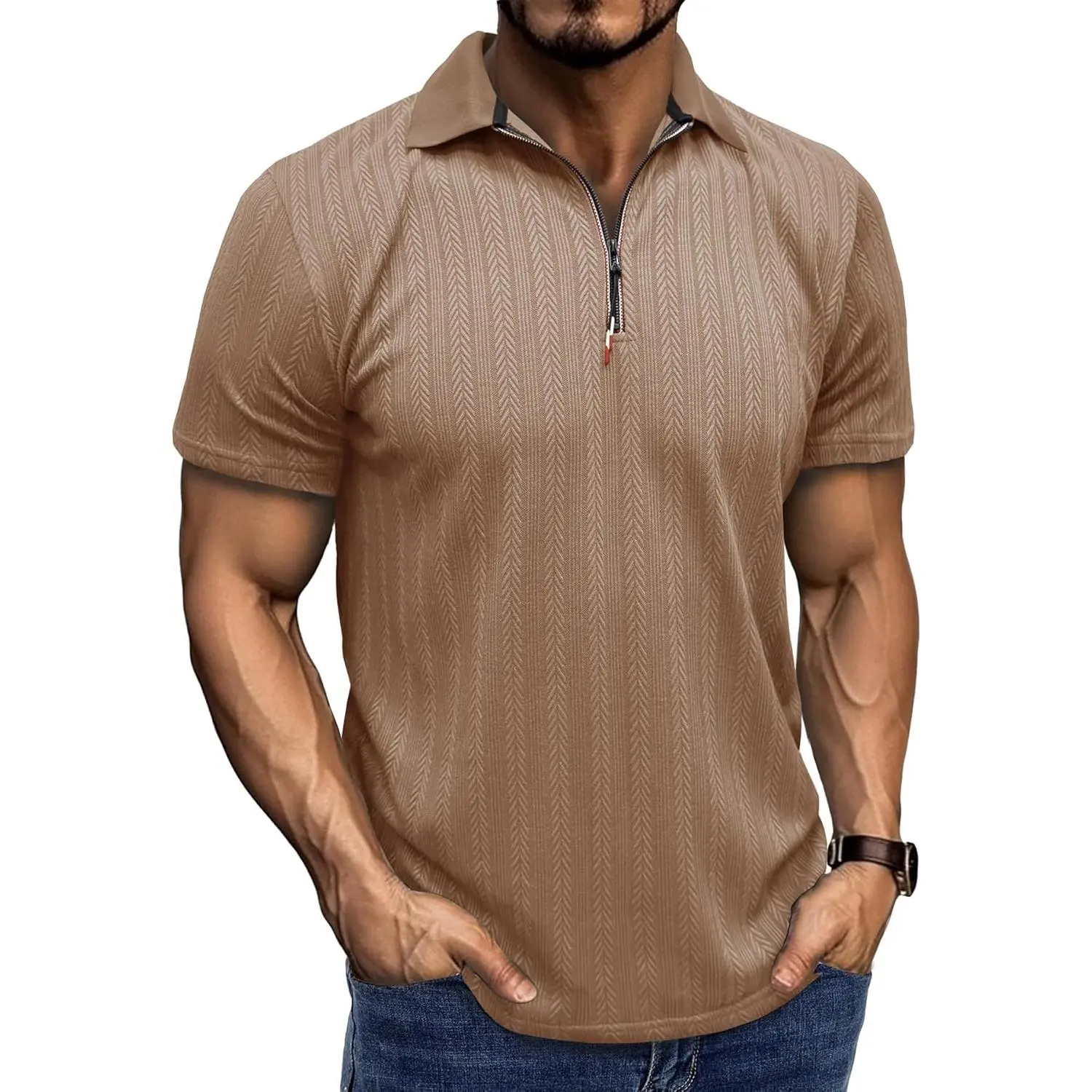 Men's Herringbone Quarter Zip Polo Shirt – Textured Short Sleeve Casual Summer Top with Metal Zipper