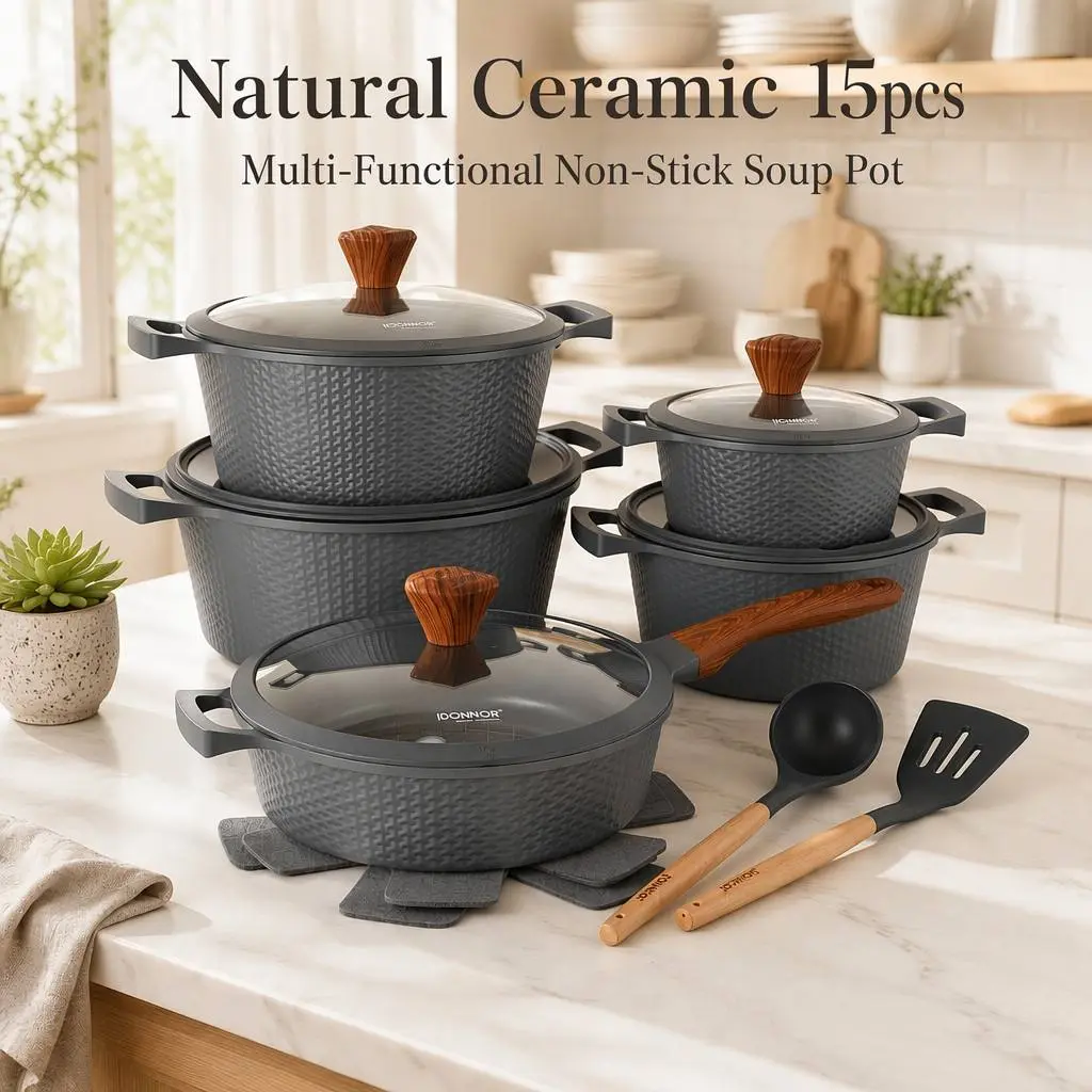 15-Piece Household Ceramic Non-Stick Cookware Set, PFOA-Free, with 7.9/9.4/11/12.6in Deep Pots, 11in Deep Frying Pan, 5 Silicone Lids, 3 Pot Protectors, 2 Silicone Spatulas, Compatible with All Stovetops