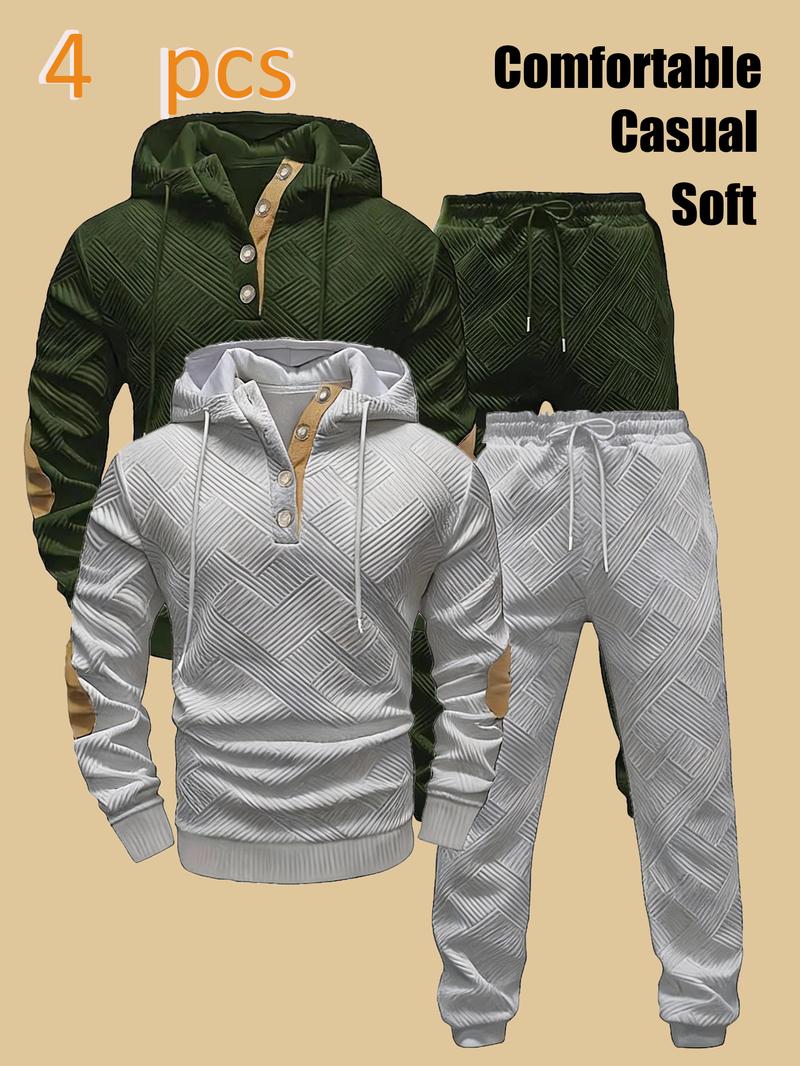 Men's Quilted Hooded Pullover with Half-Placket Buttons + Jogger Pants: Soft Casual Sportswear Set