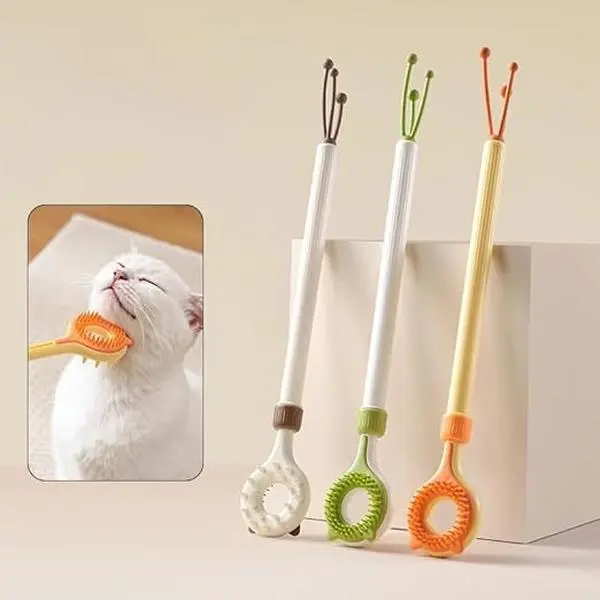2-in-1 Cat Scratcher & Massage Stick with Teaser Tassel Dual Sided Grooming Brush Handheld Interactive Cat Tool for Loose Fur Indoor Cats