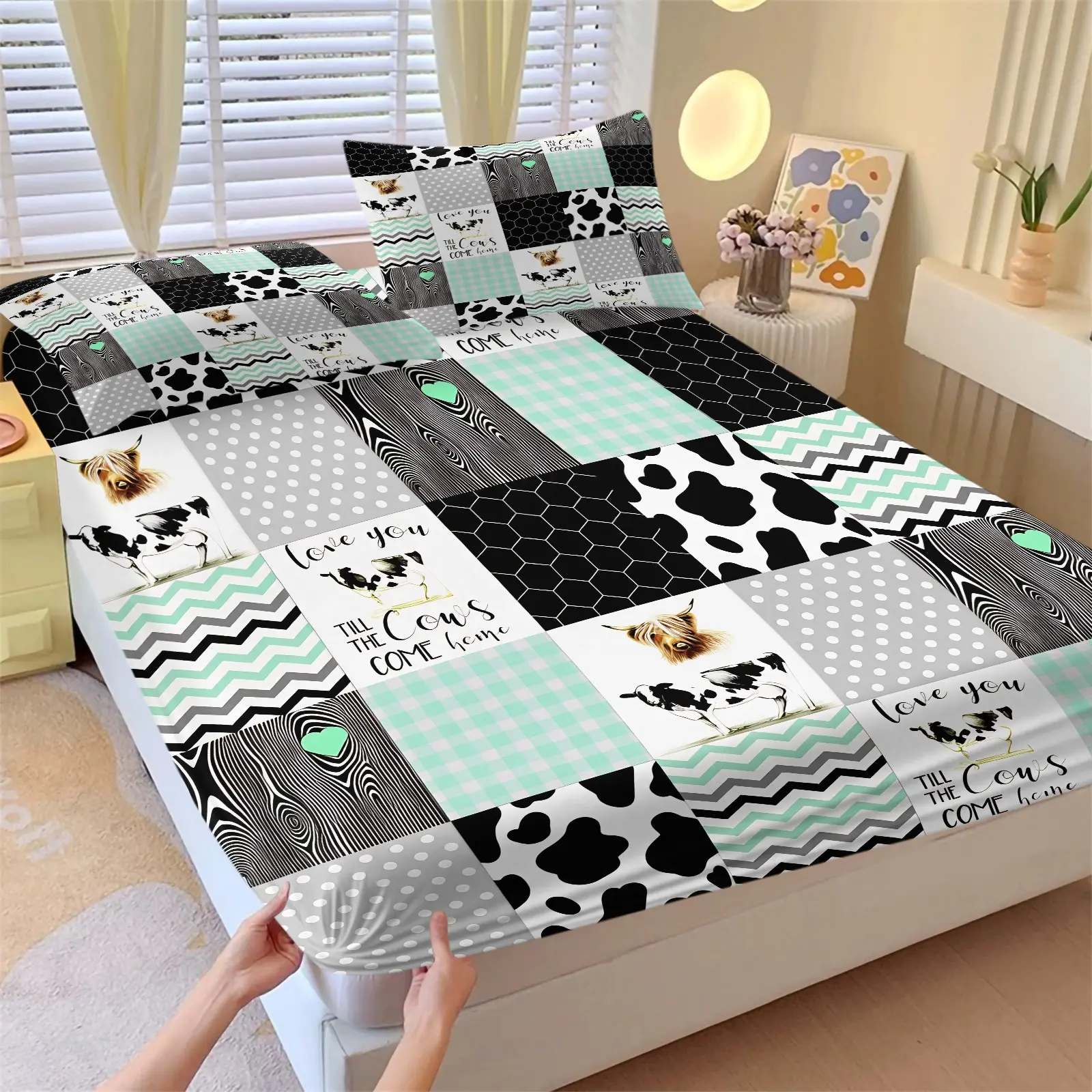 3Pcs Farm Gingham Cow Patchwork Fitted Sheet Set with 2 Pillowcases, Mint Green Plaid Cow Spot Deep Pocket Elastic Mattress Cover, Rustic Country Cowgirl Bedding, Farmhouse Bedding, Soft Microfiber Wrinkle Resistant Bedspread for Bedroom Decor Bedset