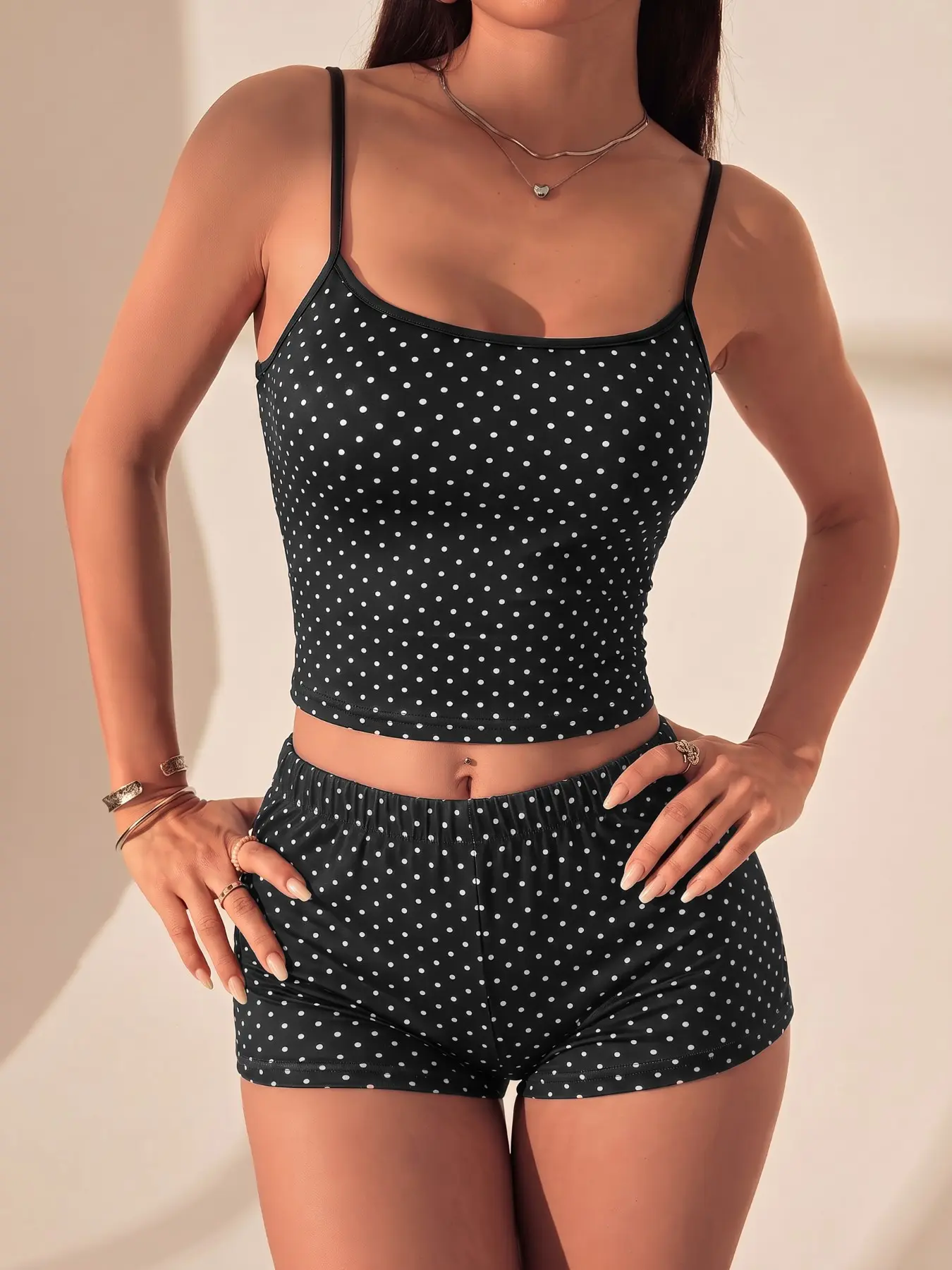 Women's Polka Dot Spaghetti Strap Crop Cami & Hot Shorts 2-Piece Stretchy Lingerie Nightwear Set Slim Fit Scoop Neck Matching Outfit 2026 Summer Daily Trendy Going Out Stylish Viral TikTok Fashion Essential for Sleepwear & Casual Home Wear