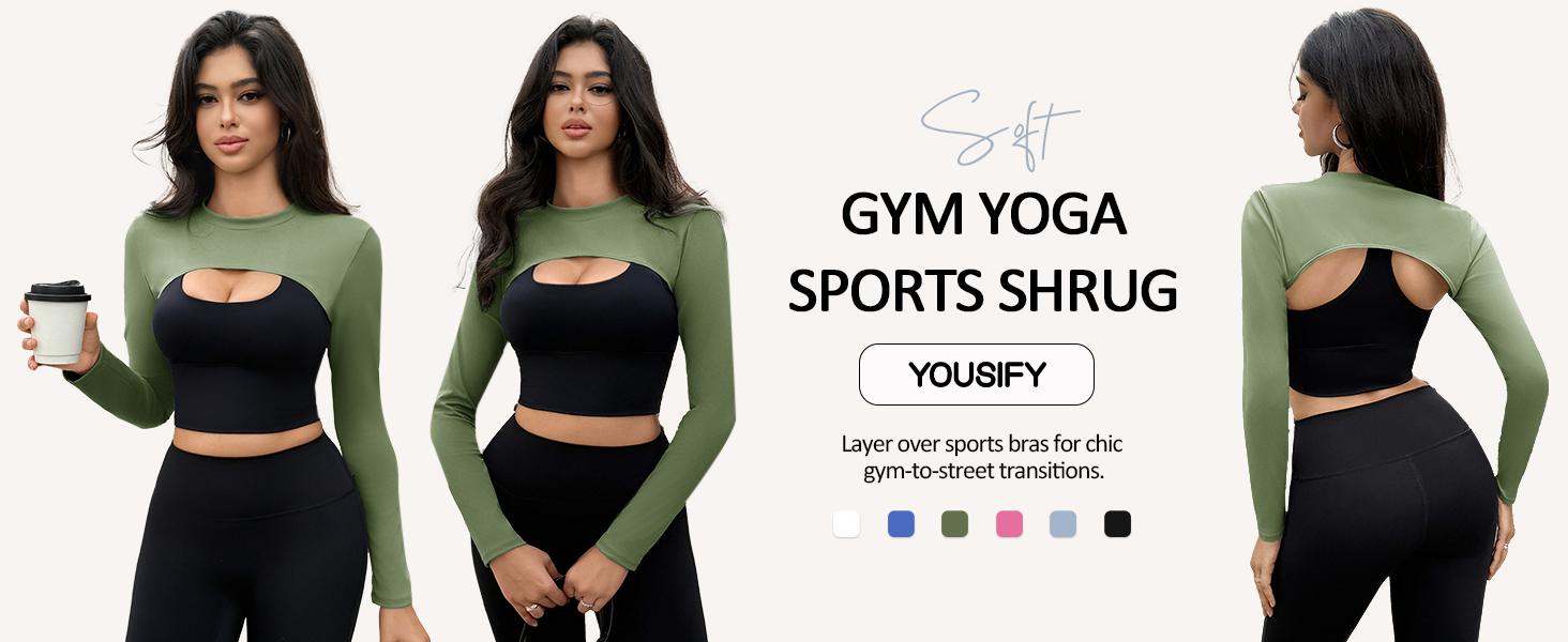 Yousify Womens Long Sleeve Crop Tops Bolero Open Front Workout Gym Yoga Cropped Shirt Sports Shrug